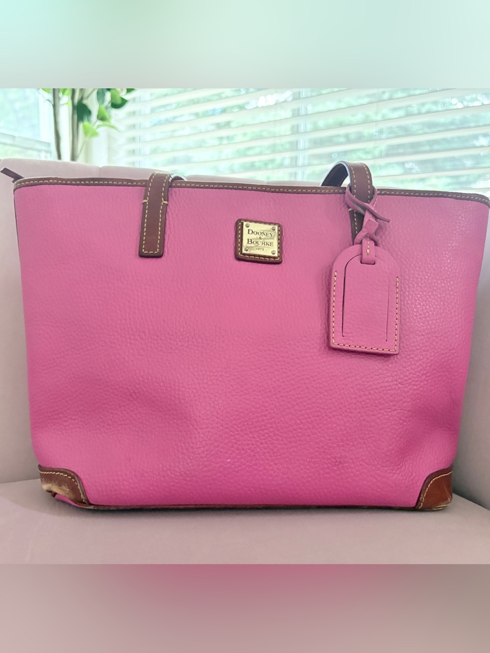Dooney & Bourke Vibrant Pink Leather Tote with Brown Trim